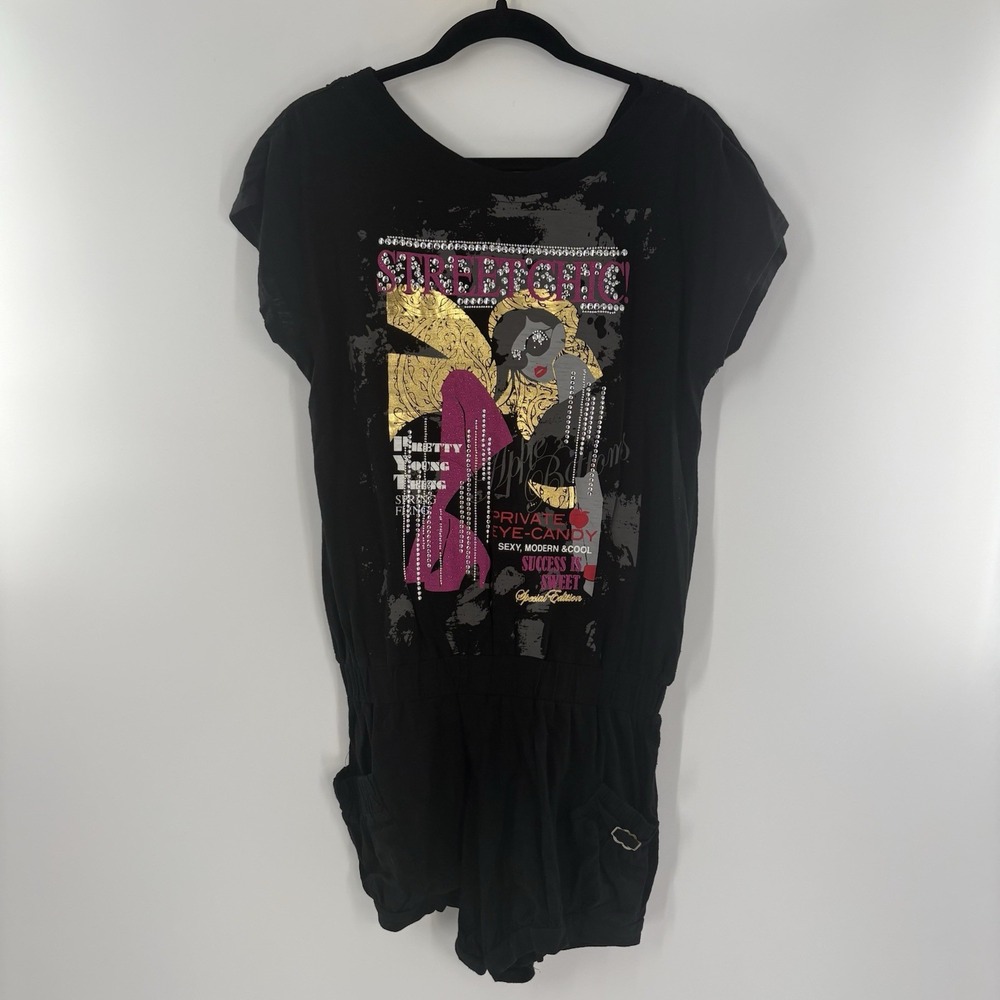 Apple Bottoms Women's Y2K Large Romper Strretchic Grunge Black Button Up